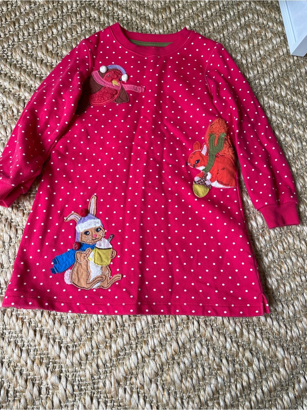 Mini Boden sweatshirt tunic top winter animals with pink red polka dots. 4-5